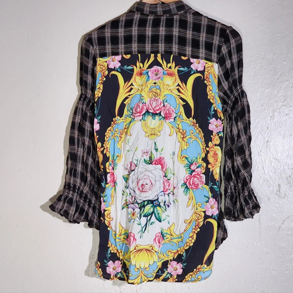 Aratta Silent Journey Plaid Button-Up Blouse with Floral Accents - Picture 3 of 8